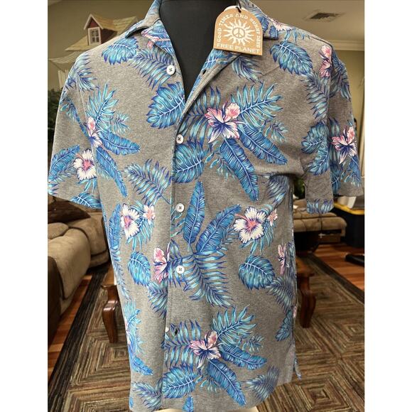 Free Planet Shirt Mens Small Grey/Blue Floral Button Down Shortsleeve Casual NWT - Picture 1 of 5